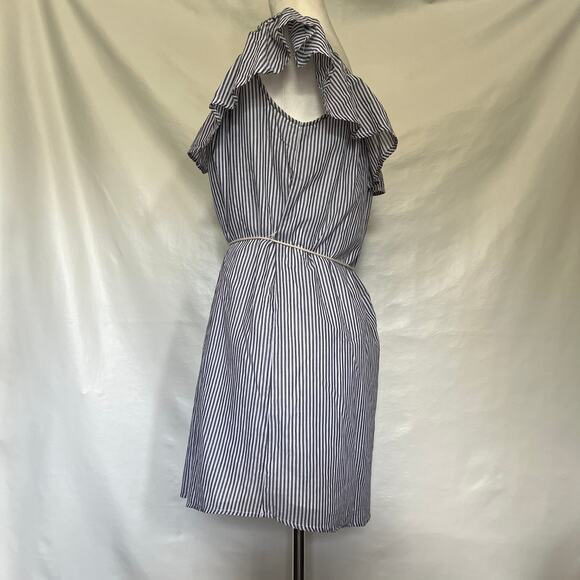 You and I Off Shoulder Dress Womens Sz L Blue Stripe Ruffle Tassel Cottage Core - Picture 4 of 11